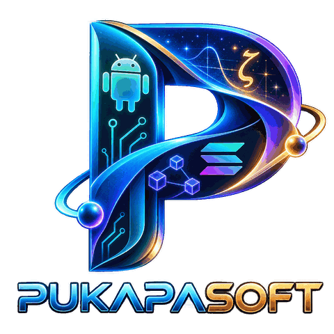 Pukapasoft logo — a chrome letter P holding an Android robot, a circuit trace, the Solana mark and the Riemann zeta symbol